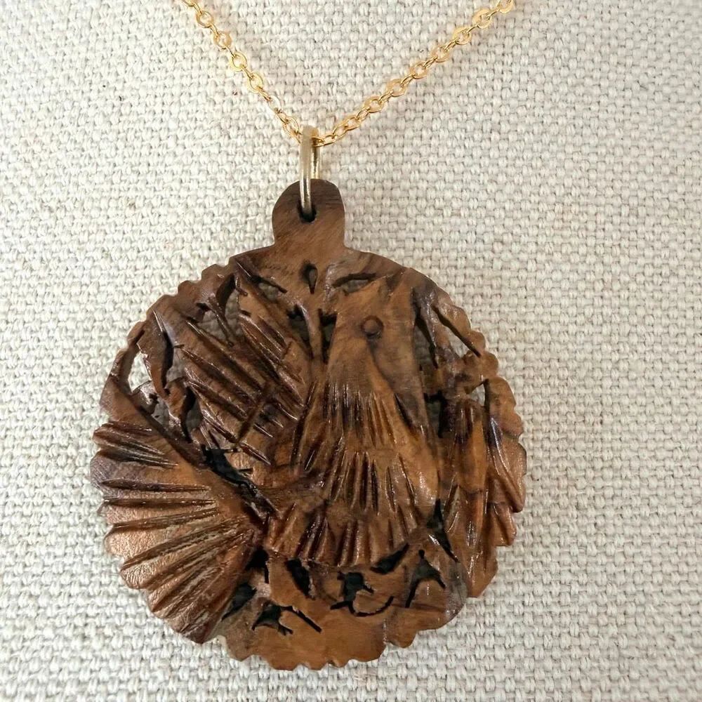 Vintage Hand Carved Wood Bird Pendant Necklace
